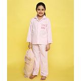 Knitting Doodles Pure Cotton Yarn Dyed Placement Text Embroidered & Pencil Striped Night Suit - White And Pink