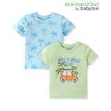 Babyoye 100% Cotton with Eco Jiva Finish Half Sleeves Car & Palm Trees Printed T-Shirts Pack of 2 - Blue & Green