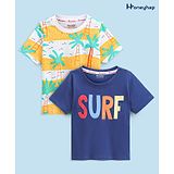 Honeyhap Premium 100%  Cotton Jersey Knit Palm Tree Printed T-Shirts with Bio Finish Pack of 2 - Limoges & Bright White