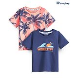 Honeyhap Premium 100% Cotton Knit T-Shirt With Bio Finish Palm Tree Print Pack Of 2 - Peach Nectar & Navy Peony