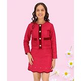 Cutecumber Full Sleeves Seamless Rose Design Embellished Top With Coordinating Pearls Detailed Skirt - Red