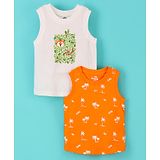 Doodle Poodle 100% Cotton Single Jersey Knit Sleeveless T-Shirt Palm Tree Print Pack Of 2 - White & Orange