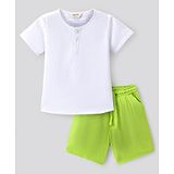 Bonfino Cotton Woven Half Sleeves Solid Color T-Shirt And Shorts Set - Neon Green & White