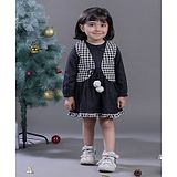 Budding Bees Full Sleeves Placement Gingham Checked Cotton  Dress With  Jacket - Black