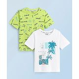 Honeyhap Premium 100% Cotton Knit Half Sleeves T-Shirt With Bio Finish Palm Tree Print Pack Of 2 - Bright White & Lime