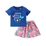 Babyhug 100% Cotton Knit Half Sleeves Top and  Skirt with Floral Print - Navy Blue