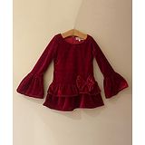 My Pink Closet Velvet Full Bell Sleeves Bow Embellished Layered Dress - Red