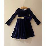 My Pink Closet Velvet Full Sleeves Lace Detailed & Bow Embellished Dress - Blue