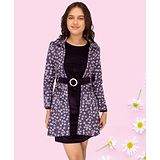 Cutecumber Full Sleeves Seamless Floral Printed Long Jacket With Shimmer Shift Dress - Purple