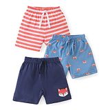 Babyhug Cotton Single Jersey Knit Shorts Stripes & Fox Print Pack Of 3 - Blue White & Orange