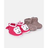 MayRa Knits Pack Of 2 Monkey Face & Self Designed Hand Knitted Woollen Booties - Pink & Grey