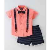 Little Kangaroos Cotton Woven Half Sleeves Shirt and Shorts Set with Bow  & Suspender - Orange