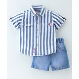 Little Kangaroos Cotton Half Sleeves Striped Shirt & Shorts Set - White & Blue