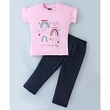 Pepito Cotton Knit Half Sleeves Top & Leggings Rainbow Print - Light Pink & Black