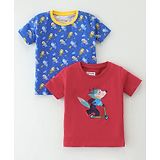 BUMZEE Pack Of 2 Half Sleeves Space Theme & Fox Printed Tees - Blue & Red