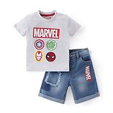 Babyhug Marvel Cotton Knit Half Sleeves T-Shirt & Shorts With Avengers Graphics - Grey