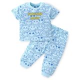 Babyhug Single Jersey Cotton Knit Half Sleeves Night Suit With Happy Face Print - Blue