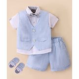 Little Kangaroos Cotton Knit Half Sleeves Solid Color 3 Pieces Party Suit with Bow - Blue