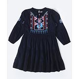 Bella Moda 100% Cotton Full Sleeves Placket Embroidered Tiered Dress -Navy Blue