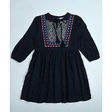 Bella Moda 100% Cotton Full Sleeves Placket Embroidered Dress - Navy Blue