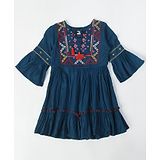 Bella Moda 100% Cotton Three Fourth Bell Sleeves Placket Embroidered Dress - Navy Blue