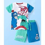 Babyhug Marvel Single Jersey Knit Half Sleeves T-Shirt And Shorts Set with Avengers Graphics - White Blue & Green