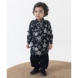 Tiber Taber Full Sleeves Floral Printed Pathani Kurta Set - Black