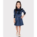 TINY BABY Three Fourth Sleeves Floral Applique Velvet Dress With Belt  - Blue