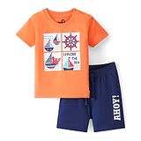 Doodle Poodle 100% Cotton Printed Half Sleeve T-Shirt & Shorts With Nautical Print - Orange & Blue