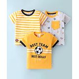 Mini Donuts Cotton Half Sleeves T-Shirts With Striped & Football Print Pack Of 3 - White Melange & Mango