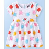 Doodle Poodle 100% Cotton Half Sleeves Frock with Bow & Sun Print - Bright White