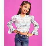 Tales & Stories Rayon Full Sleeves Flower Printed Crop Top - Off White