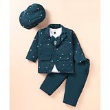 Robo Fry Knit Full Sleeves Blazer T-Shirt & Trouser Set with Nautical Theme Print Attached Bow & Hat  - Dark Green