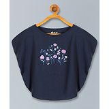 3PIN Bat Wing Sleeves Floral Printed Top - Navy Blue