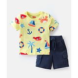 Babyhug Single Jersey Knit Half Sleeves T-Shirt & Shorts Set with Nautical Theme  Print - Yellow & Navy Blue