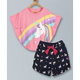 Plum Tree Bat Wing Sleeves Unicorn & Rainbows Printed Tee & Shorts Set - Pink & Navy Blue