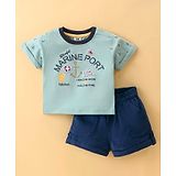 ToffyHouse 100% Cotton Half Sleeves Nautical Printed T-Shirt & Corduroy Shorts Set - Navy & Green