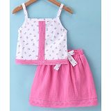 Pepito Cotton Knit Sleeveless Top & Skirt Set with Floral Print - White & Pink