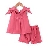 Pepito Sleeveless Top and Frill Border Shorts set Bow Applique - Dark Pink