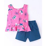 Pepito Cotton Woven Sleeveless Butterfly Printed Top with Solid Colour Shorts Set - Pink