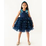 A Little Fable Sleeveless Floral Applique Layered Dress - Navy Blue