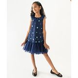 A Little Fable Sleeveless Floral Applique Dress - Navy Blue