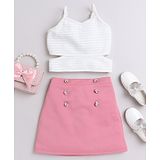 Taffykids Taffykid Sleeveless Self Designed Embellished Top With Solid Skirt - White & Pink