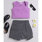 Taffykids Sleeveless Self Designed Top With Waves Printed Skort - Purple & Black