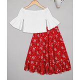 Budding Bees Cotton Off Shoulder Half Sleeves Smocked Top With Paisley Printed  Skirt - Red & White