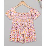 Budding Bees Half Sleeves Floral Printed Smocked  Top - Pink