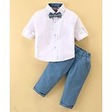 Little Kangaroos Full Sleeves Solid Color Shirt & Trousers Set With Bow- White