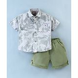 Little Kangaroos Cotton Knit Half Sleeves Shirt & Shorts With Tropical Print - White & Pista