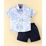 Little Kangaroos Cotton Knit Half Sleeves Shirt & Shorts With Tropical Print - White & Blue