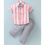 Little Kangaroos Cotton Knit Half Sleeves Shirt & Trouser With Bow Striped - Pink & Grey